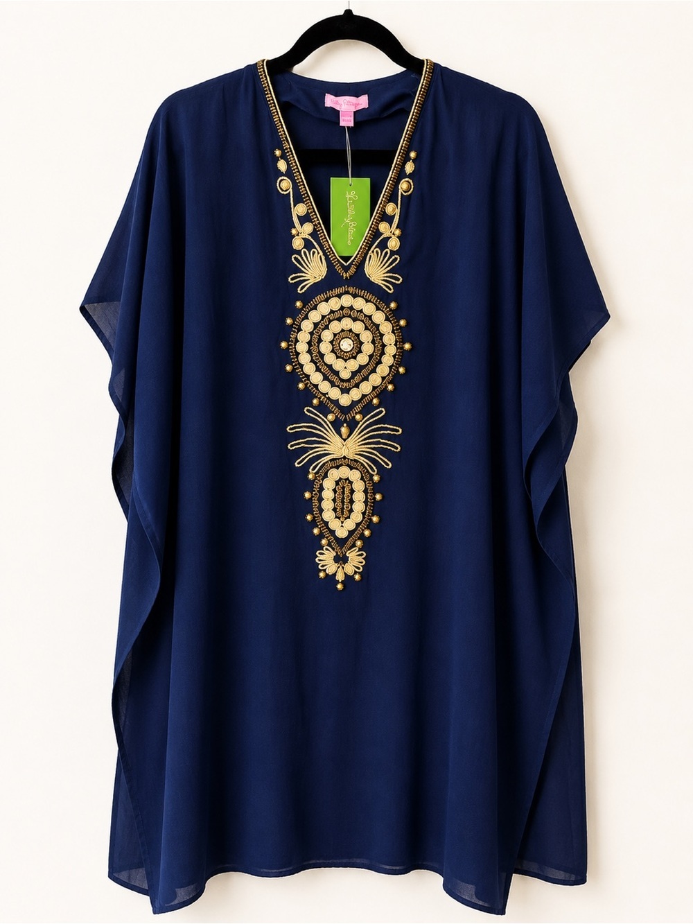 NWT Lilly Pulitzer Chai Caftan Navy Gold Beaded Embellished Cover Up XXS XS